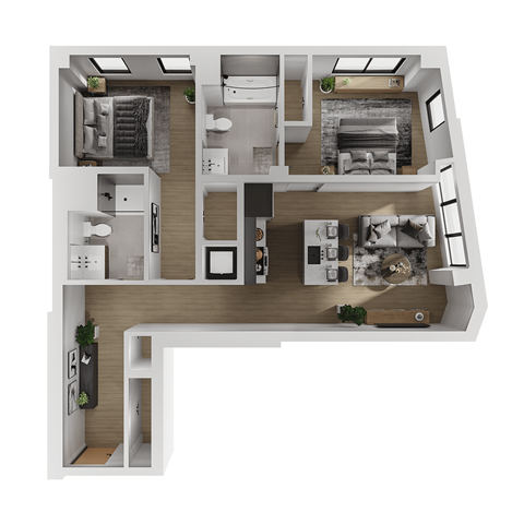 Floor plan for 2 beds, 2 baths, 995 sqft